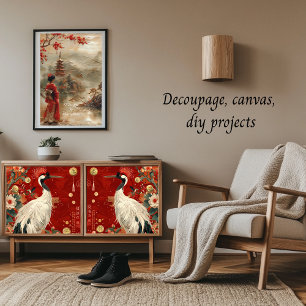 Crane and Lady of Oriental Style Decoupage  Wrapping Paper Sheet