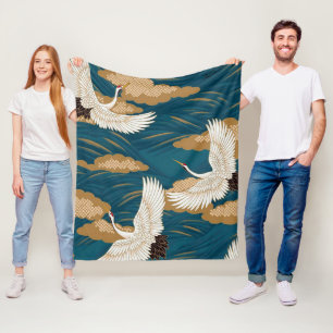 Crane and Wave, Japanese Design Fleece Blanket