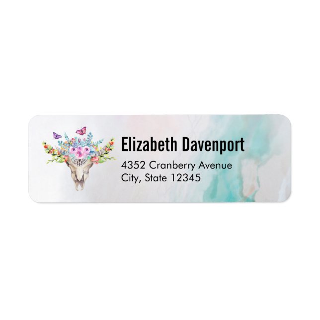 Crâne animal Boho avec papillons et fleurs (Devant)