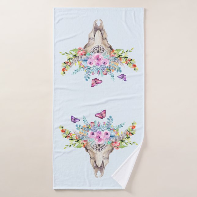 Crâne animal Boho avec papillons et fleurs (Serviette de bain)