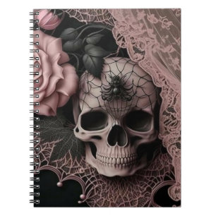 Crâne avec dentelle rose et Carnet de fleurs rose