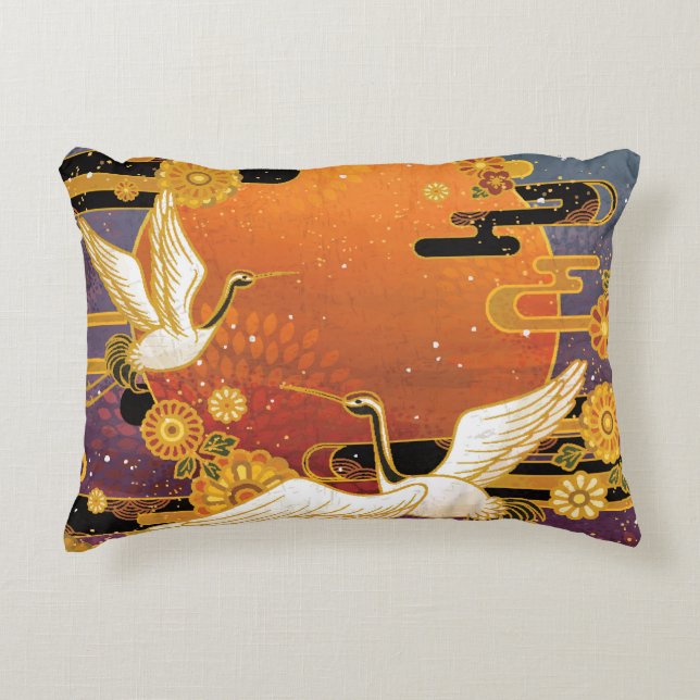 Crane Bird Chrysanthemum Japanese Pattern Accent Pillow (Front)