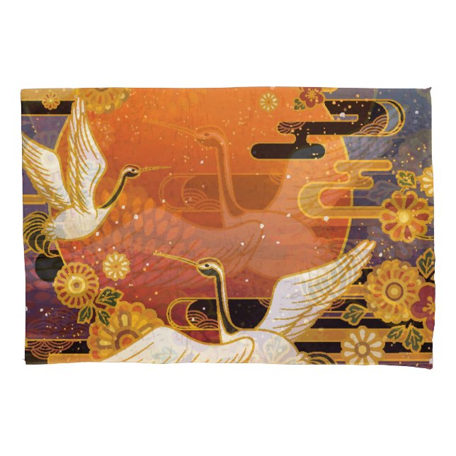 Crane Bird Chrysanthemum Japanese Pattern Pillowcase (Front)