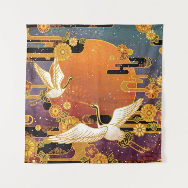 Crane Bird Chrysanthemum Japanese Pattern Tapestry (Front)