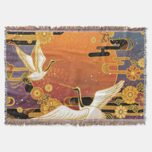 Crane Bird Chrysanthemum Japanese Pattern Throw Blanket