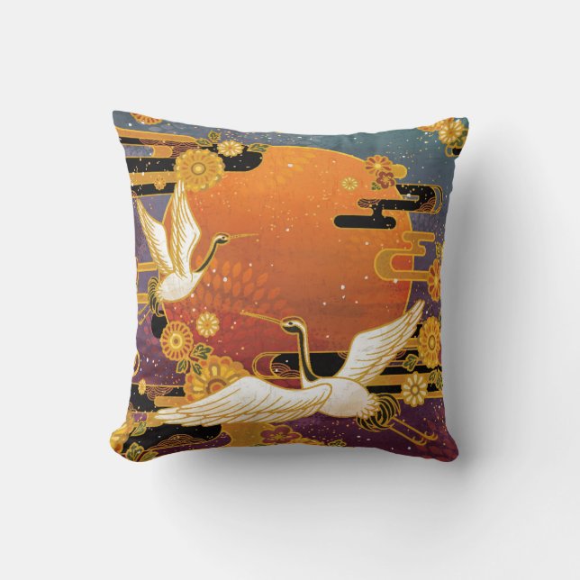 Crane Bird Chrysanthemum Japanese Pattern Throw Pillow (Front)