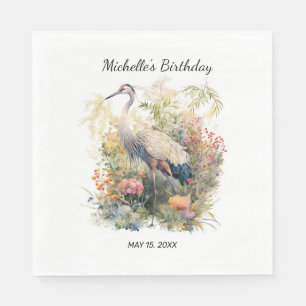Crane Bird Leaves Foliage Floral Birthday Napkin
