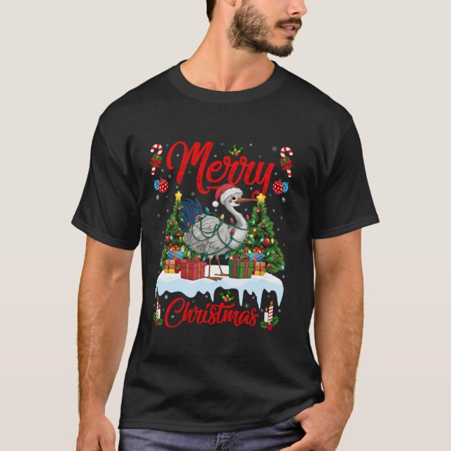 Crane Bird Xmas Tree Lighting Santa Hat Crane Chri T-Shirt (Front)