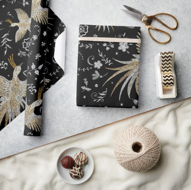 Crane Birds and Flowers Pattern Wrapping Paper (Crafts)