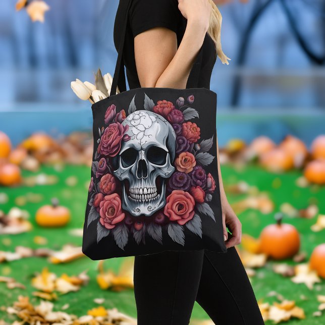 Crâne chic avec Sac fourre-tout d'Halloween gothiq (🌹 Elegance in Darkness: Gothic Halloween Tote Bag! 👻)