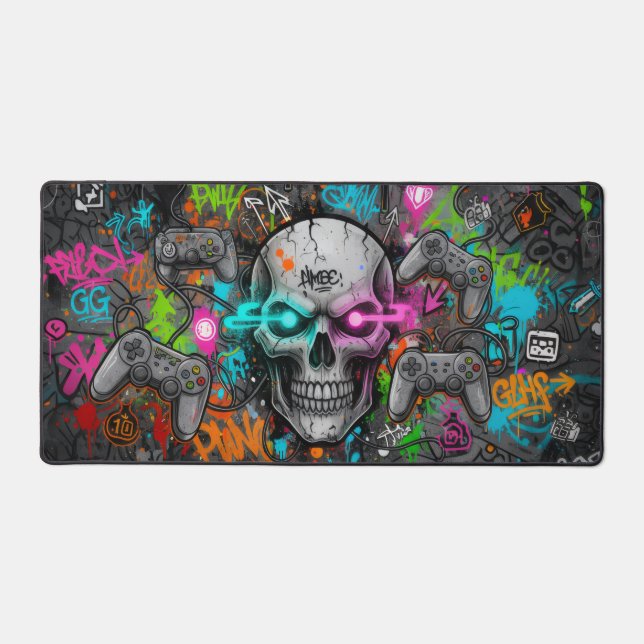 Crâne Cyber-Graffiti et Manettes Néon (tapis souri (Recto)