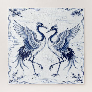 Crane Dance Japanese Imari Ware Style Blue White Jigsaw Puzzle