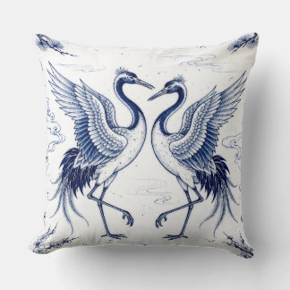 Crane Dance Japanese Imari Ware Style Blue White Throw Pillow