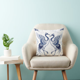 Crane Dance Japanese Imari Ware Style Blue White Throw Pillow