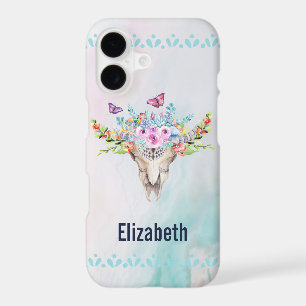 Crâne d'animal Boho avec papillons et fleurs