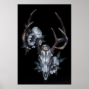 Crâne de cerf avec fleurs - Impression Giclee d'ap