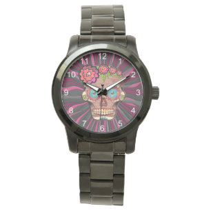 Crâne de sucre en bois sculpté avec montre à couro