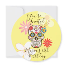 Crâne de sucre jaune, invitation florale hippy égl