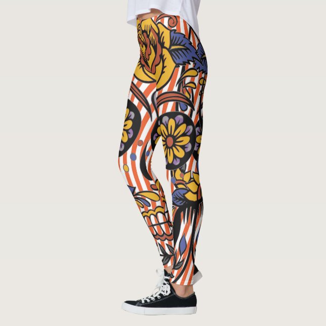 Crâne de sucre Orange Purple Flore Stripes Legging (Gauche)