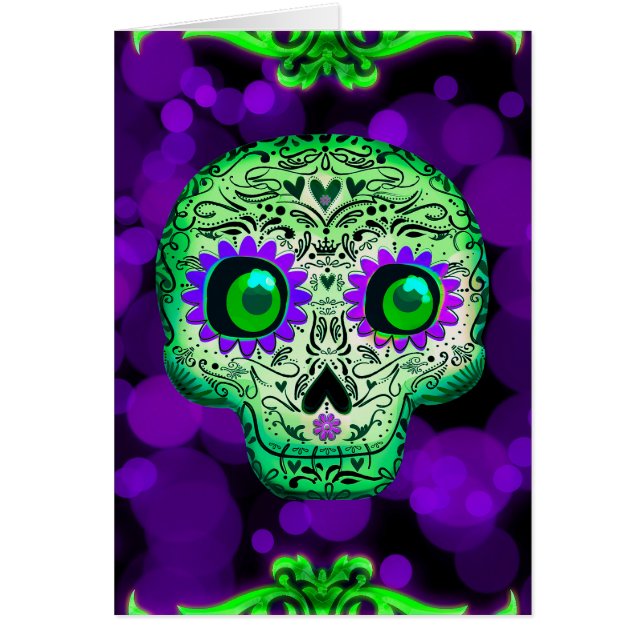 Crâne de sucre vert et pourpre brillant Halloween (Devant)