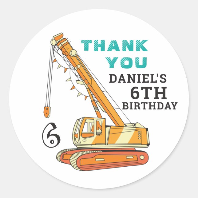 Crane Excavator Construction Kids Birthday Party Classic Round Sticker (Front)
