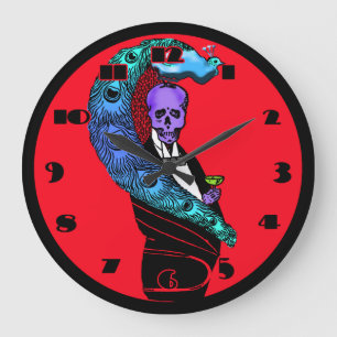 Crâne fou et horloge rouge paon