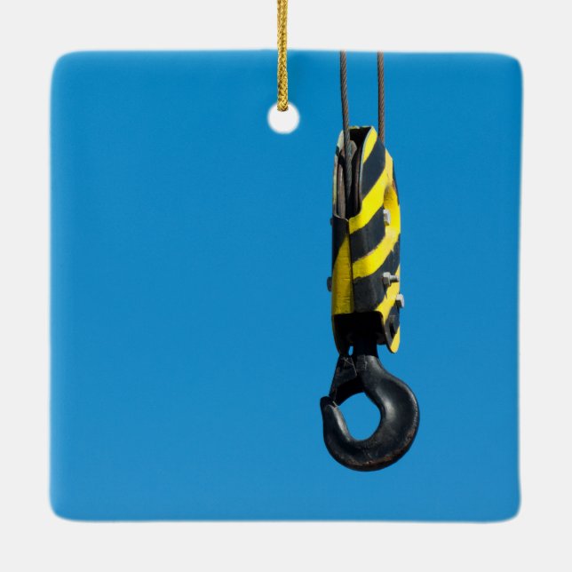 Crane hook with yellow and black stripes hanging ceramic ornament (Back)