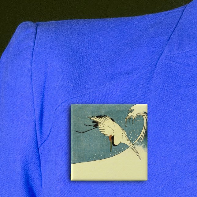 Crane In Ocean Wave 2 Inch Square Button (Black white crane bird flying over tall ocean wave on blue square pin back button.)