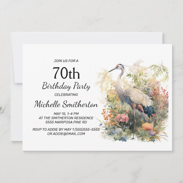 Crane Leaves Foliage Floral 70th Birthday Invitation (Front)