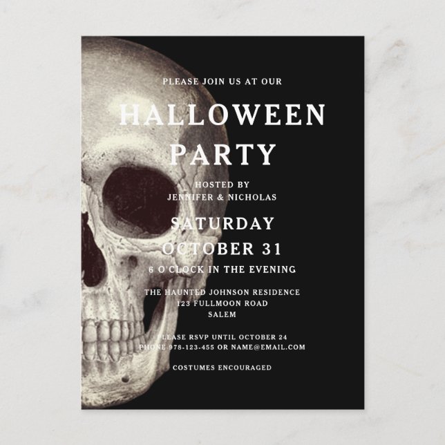 Crâne noir d'horreur Adulte Halloween Invitation (Devant)