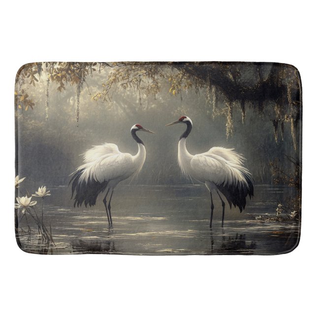 Crane Pair in a Misty Marsh Bath Mat (Front)