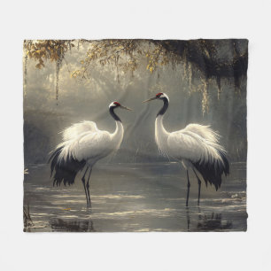 Crane Pair in a Misty Marsh Fleece Blanket