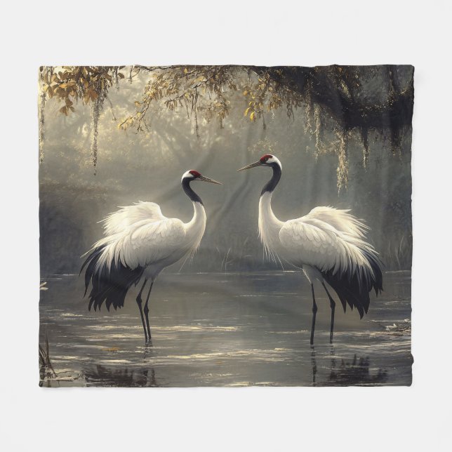 Crane Pair in a Misty Marsh Fleece Blanket (Front (Horizontal))