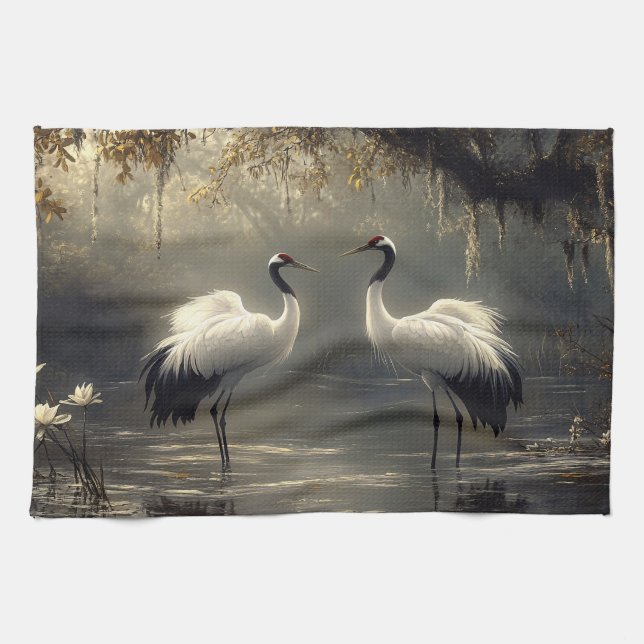 Crane Pair in a Misty Marsh Kitchen Towel (Horizontal)