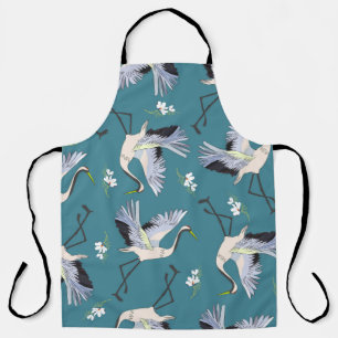 crane, pattern, illustration flying bird flower apron