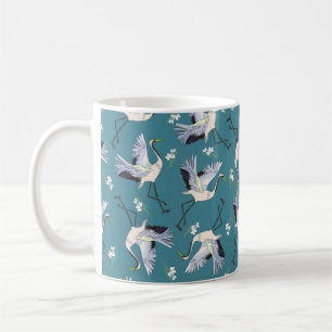 crane, pattern, illustration flying bird flower coffee mug