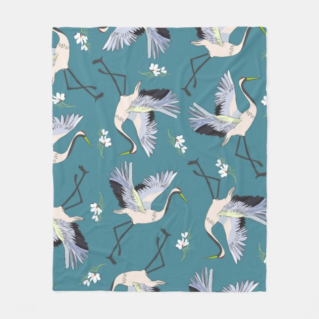 crane, pattern, illustration flying bird flower fleece blanket (Front)