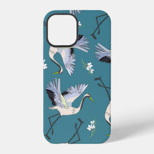 crane, pattern, illustration flying bird flower iPhone 12 case