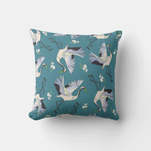 crane, pattern, illustration flying bird flower throw pillow