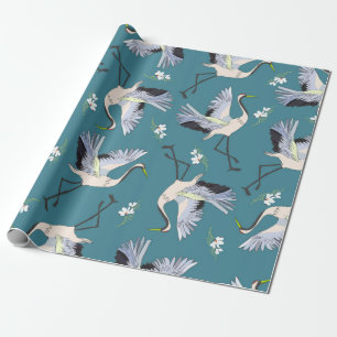 crane, pattern, illustration flying bird flower wrapping paper