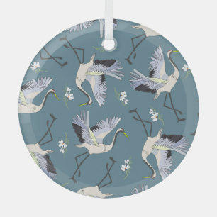 Crane Pattern, Illustration Flying Bird. Glass Ornament
