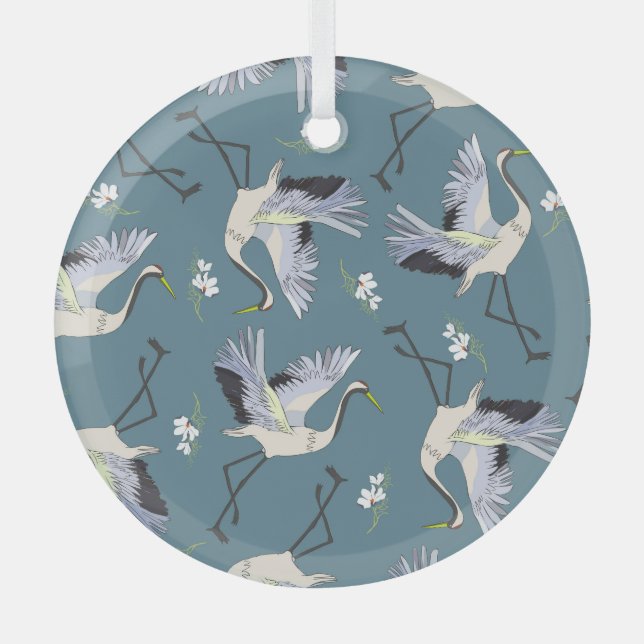 Crane Pattern, Illustration Flying Bird. Glass Ornament (Front)