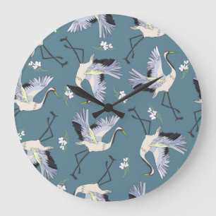 Crane Pattern, Illustration Flying Bird. Large Clock