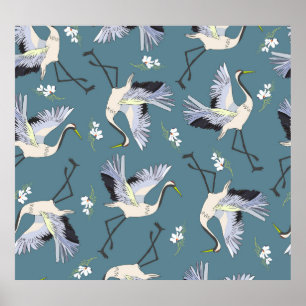 Crane Pattern, Illustration Flying Bird. Poster