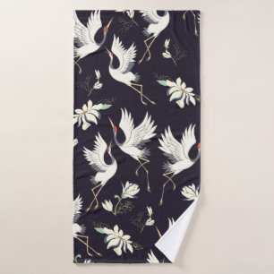crane, pattern, vintage illustration flying bird f bath towel