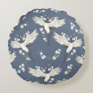 crane, pattern, vintage illustration flying bird f round pillow