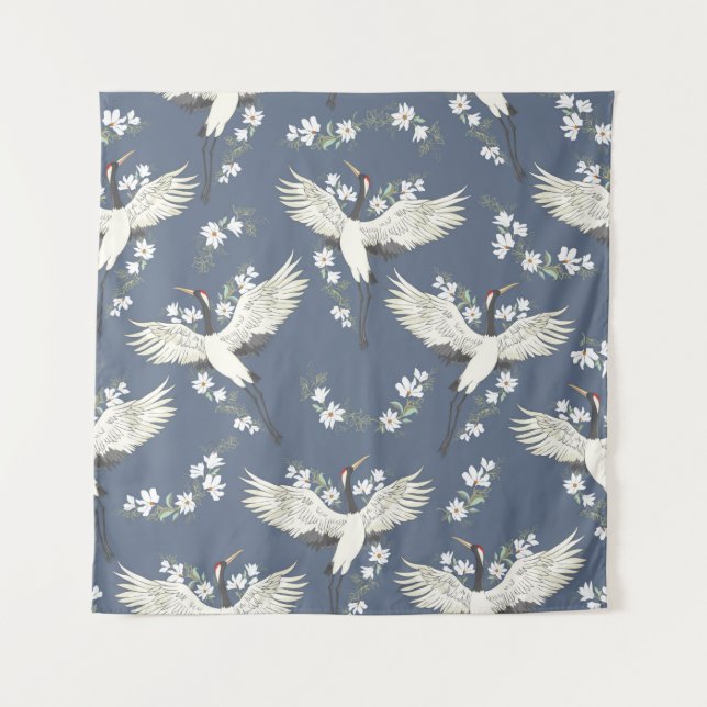 crane, pattern, vintage illustration flying bird f tapestry (Front)