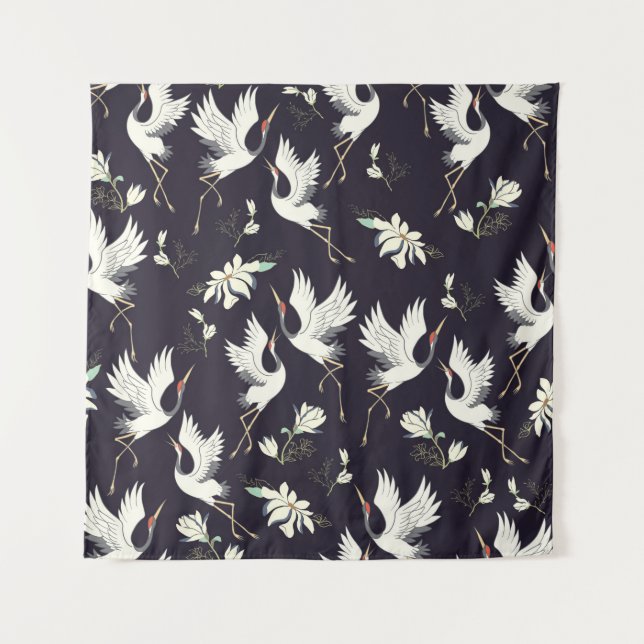 crane, pattern, vintage illustration flying bird f tapestry (Front)