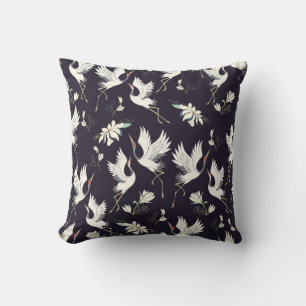 crane, pattern, vintage illustration flying bird f throw pillow