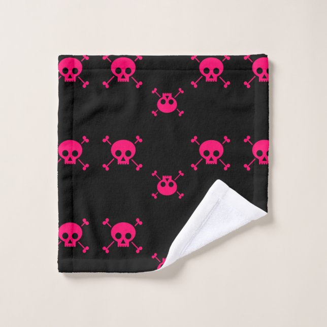 Crâne rose et os croisés sur le noir (Gant de toilette)